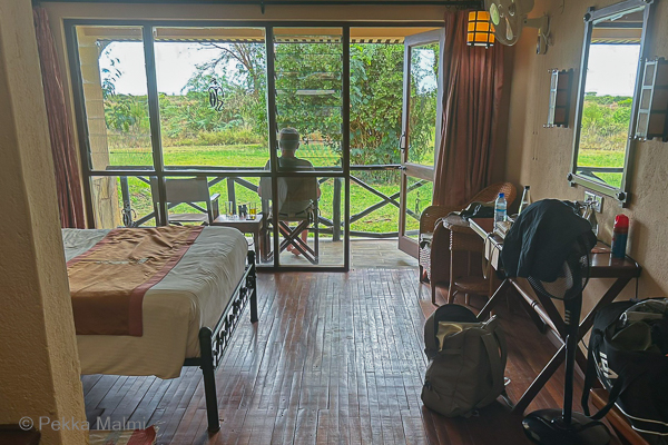 Hotellihuone ja maisema puistoon 